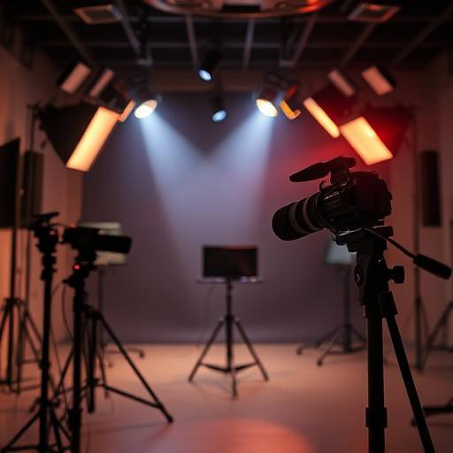 Equipo de grabación de video en un estudio profesional con luces y micrófonos.