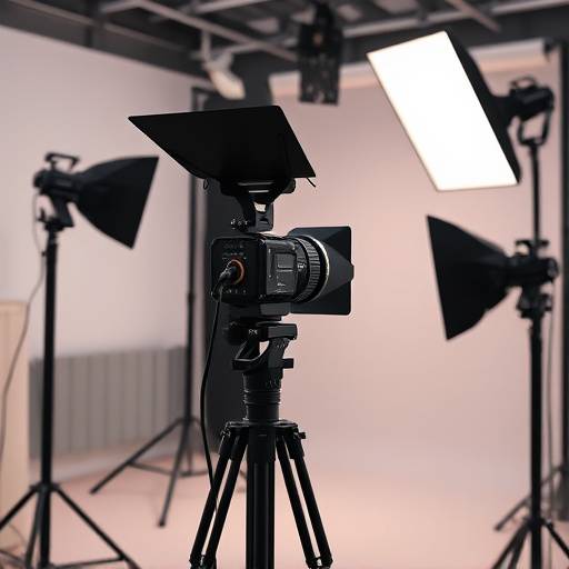 Equipo de iluminación profesional con focos y reflectores en un estudio.