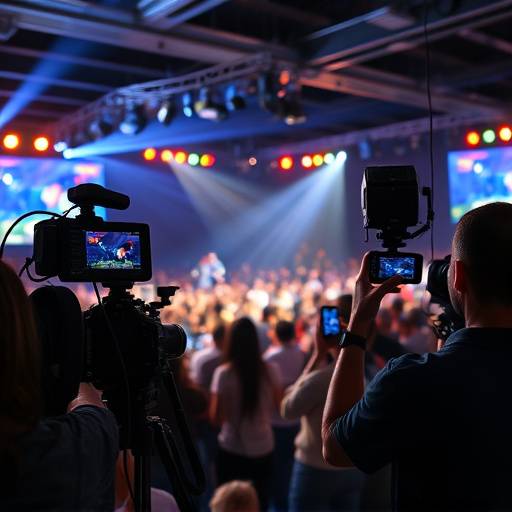 Escena de un evento siendo transmitido en vivo con varias cámaras y equipo de producción.