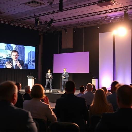 Fotografía de una transmisión en vivo de un evento corporativo con ponentes en un escenario.