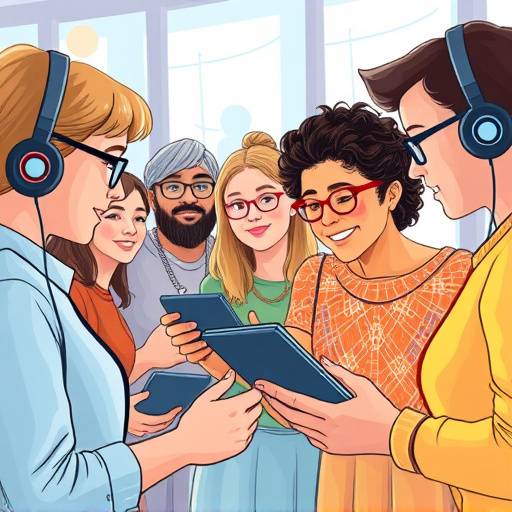 Ilustración de un grupo diverso de personas utilizando diferentes tecnologías de asistencia para acceder a contenido digital.