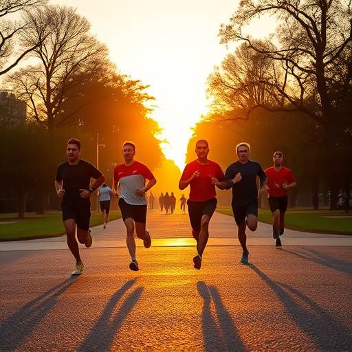 Imagen del anuncio de la marca 'DeporteActivo' con atletas corriendo en el Parque del Retiro al amanecer.