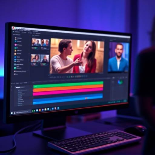 Pantalla de ordenador mostrando software de edición de video con efectos visuales y gráficos en movimiento.