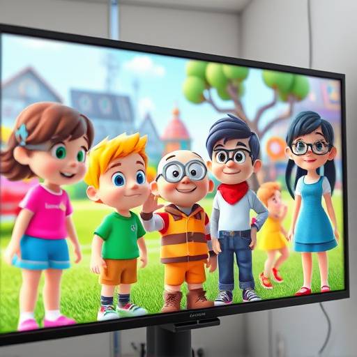 Pantalla que muestra un ejemplo de video animado en 3D con personajes y escenarios coloridos.