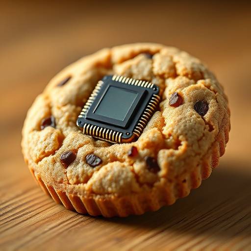Una imagen estilizada de galletas (cookies) con un chip de computadora integrado, representando el concepto de cookies informáticas.